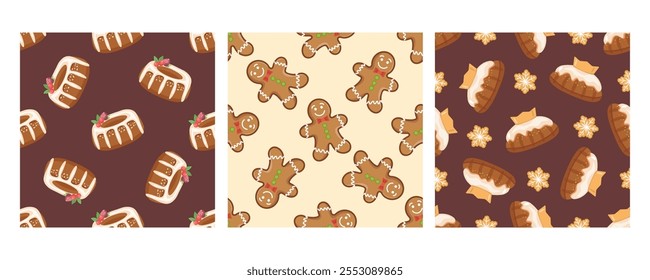 Set of three seamless patterns in flat style with Christmas cakes, gingerbread cookies, and festive pastries