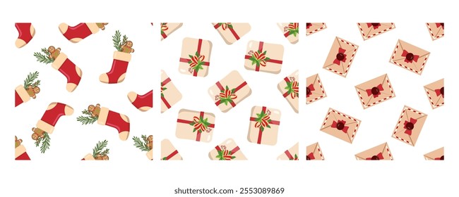 Set of three seamless patterns in flat style with Christmas stockings, festive gifts, and holiday envelopes