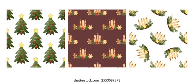 Set of three seamless patterns in flat style with Christmas trees, festive arrangements, and Advent wreaths
