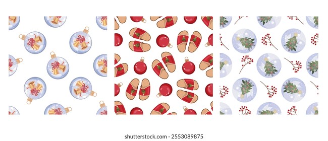 Set of three seamless patterns in flat style with Christmas ornaments, slippers, and festive snow globes