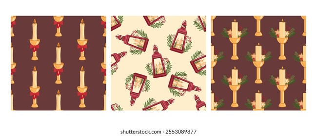 Set of three seamless patterns in flat style with festive candles, holiday lanterns, and Christmas centerpieces