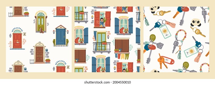 Set of three seamless Patterns. Front Doors. Various windows. Keys with different Keychains. Home Entrance. Home rental, property, real estate concept. Hand drawn colored Vector illustrations