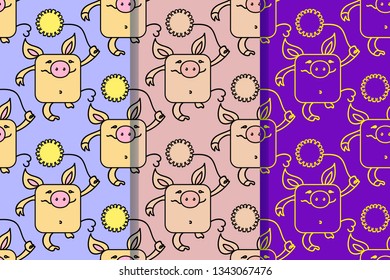 Set Of Three Seamless Patterns With Funny Pigs, Symbol Of 2019 On The Chinese Calendar. Yellow Earthy Pigs With Yellow Chrysanthemums Goes On The Globe. EPS 10