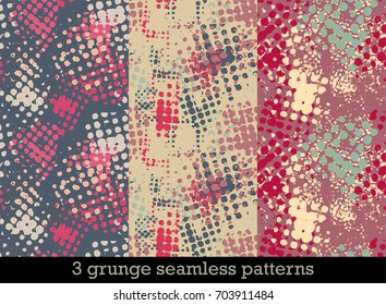 Set with three seamless patterns in grunge style with colorful halftone prints