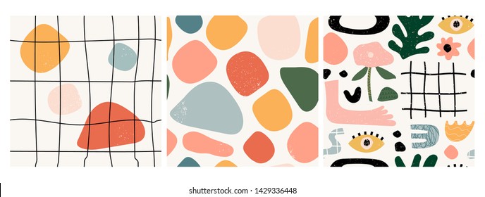 Set of three seamless patterns. Hand drawn various shapes and doodle objects. Abstract contemporary modern trendy vector illustration. Stamp texture. Every pattern is isolated