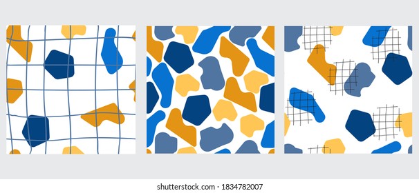 Set of three seamless patterns. Hand drawn various shapes and doodle objects. Abstract modern trendy vector illustration. Good for textile, fabric, stationary, card, wallpaper.