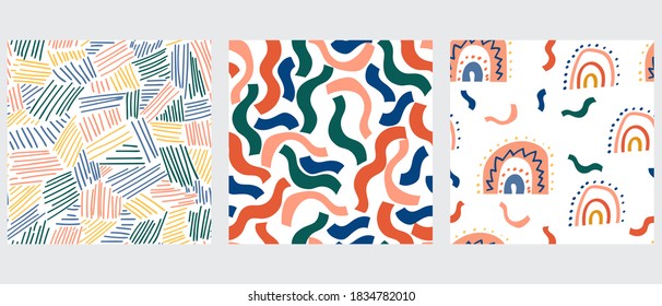 Set of three seamless patterns. Hand drawn lines, curve and rainbows. Abstract modern trendy vector illustration. Good for textile, fabric, stationary, card, wallpaper.