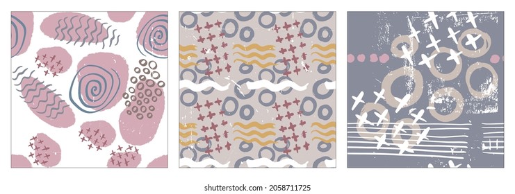 Set of three seamless patterns. Hand drawn various shapes and doodle objects. Abstract contemporary modern trendy vector illustration. Stamp texture. Every pattern is isolated