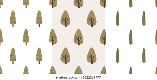 Set of three seamless patterns with hand drawn trees in doodle style. Minimal forest designs featuring different shapes in neutral tones. Vector illustration on an isolated background.
