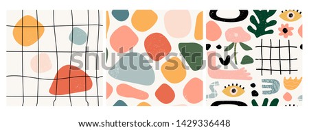 Set of three seamless patterns. Hand drawn various shapes and doodle objects. Abstract contemporary modern trendy vector illustration. Stamp texture. Every pattern is isolated