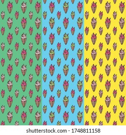 Set of three seamless patterns with ice cream in different colors. Doodle style illustration. Design for scrapbooking, wrapping paper, cafe or restaurant menu, textile, fabric.