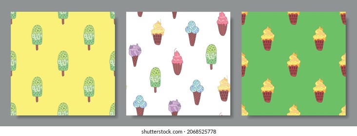 Set of three seamless patterns.Set of ice cream patterns on doodle style.Bright ice cream pattern. Cute summer hand drawn color background. Background for swimwear, fabric, cases, bed sheets, clothes.