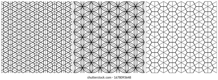 A set of three seamless patterns in the Japanese style of Kumiko .Black average and thin lines.For wrapping,fabric,textile,disign template,laser cutting.