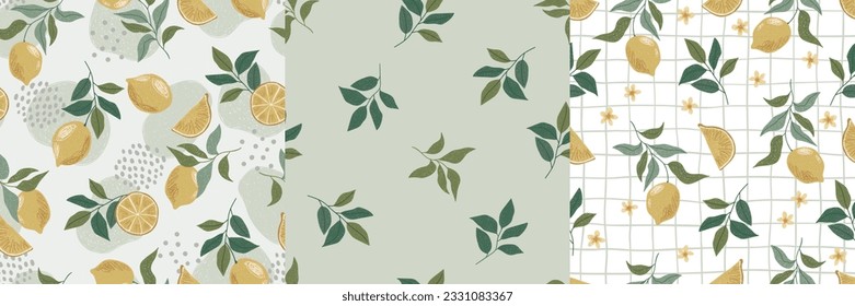 Set of three seamless patterns with lemons and leaves. Cute hand drawn illustrations with lemons.