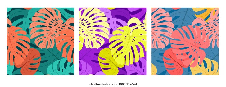 Set of three seamless patterns with Monstera palm leaves in neon yellow and purple 