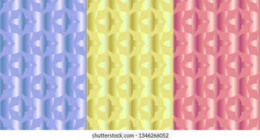 Set of three seamless patterns with ordered arrangement of abstract geometric shapes. Vector EPS10. Clipping mask applied.