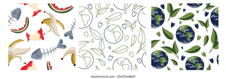 set of three seamless patterns with planets earth and various garbage for environment day	