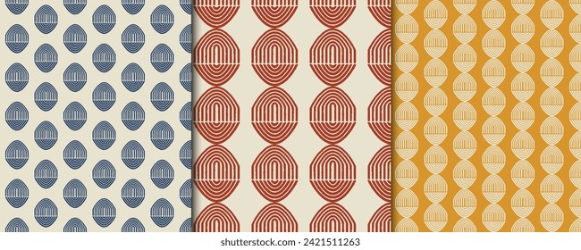 Set of three seamless patterns, retro abstract style backgrounds with different shapes. Design vector templates