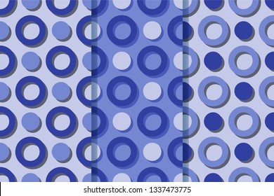 Set of three seamless patterns with with rings and circles casting shadows. Colorful illustration, eps10. Clipping mask applied.