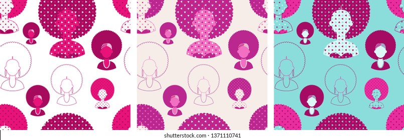 Set of three seamless patterns with silhouettes of black woman with long curly hair