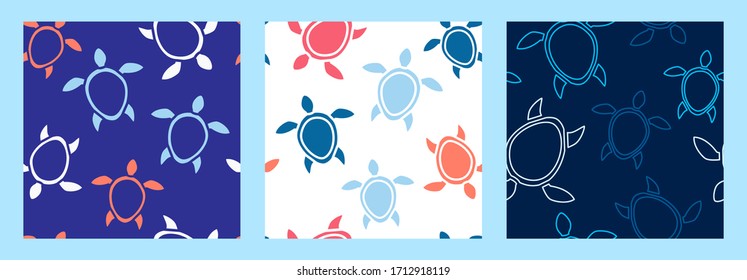 set of three seamless patterns with silhouettes of sea turtles. linear style. Modern abstract design for packaging, paper, cover, fabric, interior decor