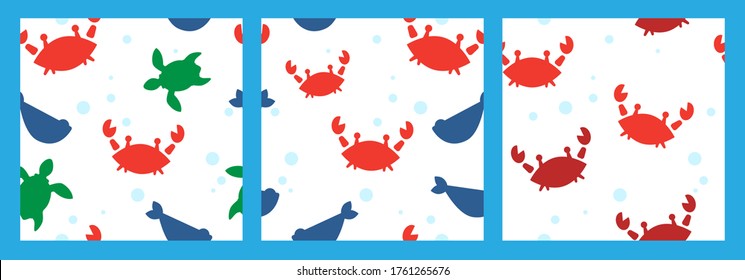 set of three seamless patterns with silhouettes of red crabs, fish, turtles and bubbles. cartoon flat design. Marine theme. for packaging, paper, fabric. print for clothes
