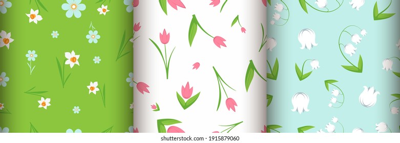 Set of three seamless patterns. Spring flowers - lilies of the valley, tulips and daisies.