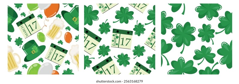 set of three seamless patterns for St. Patrick's Day with different leprechaun hats, four-leaf clovers and calendars on different backgrounds