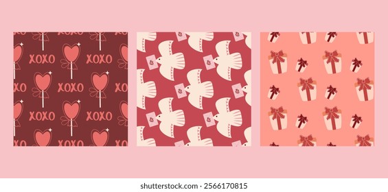 set of three seamless patterns for valentine day with lolipops, birds and gift boxes, perfect for website banners, sales promotions, Valentine's cards, covers, flyers, or posters