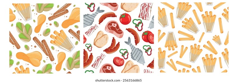 set of three seamless patterns with a variety of food, namely a variety of appetizers, snacks, meat, fish and barbecue on light backgrounds