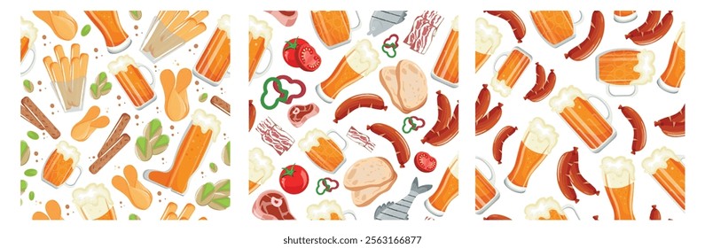 set of three seamless patterns with a variety of food, namely a variety of appetizers, snacks, meat, fish and barbecue and variety beer on light backgrounds