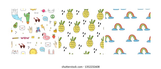 Set of three seamless patterns. Various doodle elements, pineapples and rainbows. Hand drawn colored vector illustration. Flat design. Trendy style. Every pattern is isolated
