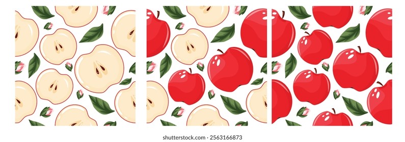 set of three seamless patterns with various pieces of red apples and apple blossom flowers on a white background