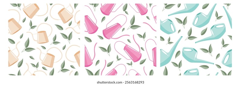 set of three seamless patterns with various watering cans of different shapes and sizes in pastel colors with green leaves on light backgrounds