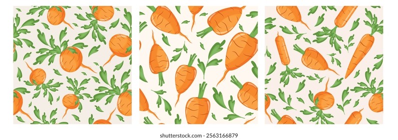 set of three seamless patterns with vegetables, namely carrots of different shapes and sizes on a light background	