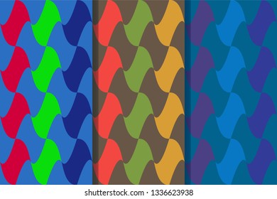 Set of three seamless patterns with vertically arranged abstract elements in one style. Colorful illustration, eps10. Clipping mask applied.
