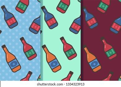 Set of three seamless patterns with wine bottles on different backgrounds. Design for wallpaper, gift paper, pattern fills, web page background, greeting cards. Clipping mask applied.