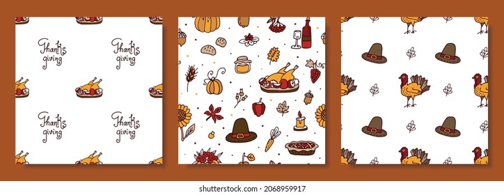 Set Of Three Seamless Patterns.Thanksgiving Seamless Pattern. Harvest Festival Pattern In Doodle Style.Can Use For Print, Templates, Fabric,textile, Banner,poster, Wallpaper, Digital Paper,invitation.