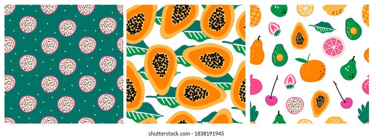 Set of three seamless repeat patterns with hand drawn fruits and berries. Modern textile, greeting card, poster, wrapping paper designs.