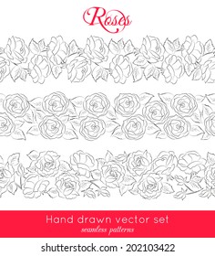 Set of three seamless ribbons with hand drawn roses isolated on white background. Vector illustration.