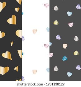 Set of three seamless romantic patterns with hand drown hearts and gems. Ready template for Valentine's day cards, print, poster, party. Vector design.