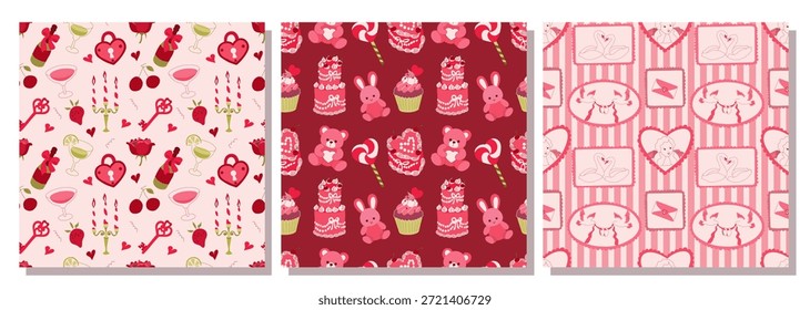 Um conjunto de três padrões românticos sem costura com cisnes, pombas e Cupido. Ideal para papel de parede, envoltório de presente e têxtil em estilo retro. Vetor moderno brilhante.