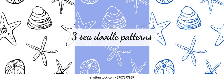 Set of three seamless sea life patterns. Isolated and hand drawn doodle icon vector illustration. Line art design, underwater shells backdrop. Endless texture. Summer, tropical, vacation. Wallpaper. 