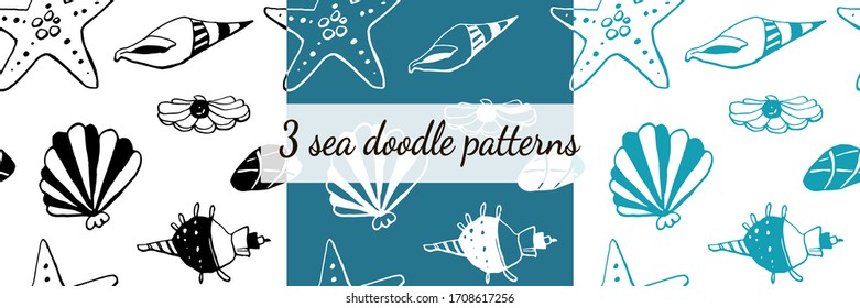 Conjunto de tres patrones de vida marina sin fisuras. Ilustración vectorial de icono de doodle aislado y dibujado a mano. Diseño de líneas de arte, fondo de conchas submarinas. Textura sin fin. Verano, tropical, vacaciones. Papel tapiz. 