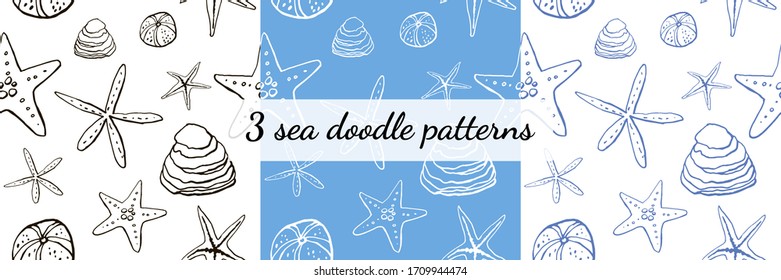 Set of three seamless sea life patterns. Isolated and hand drawn doodle icon vector illustration. Line art design, underwater shells backdrop. Endless texture. Summer, tropical, vacation. Wallpaper. 