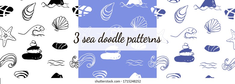Set of three seamless sea life patterns. Isolated and hand drawn doodle icon vector illustration. Line art design, underwater shells backdrop. Endless texture. Summer, tropical, vacation. Wallpaper. 
