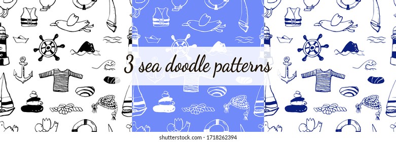 Conjunto de tres patrones marinos sin fisuras. Ilustración vectorial de icono de doodle marino aislado y dibujado a mano. Diseño de líneas de arte, fondo de vela de verano. Textura sin fin. Verano, tropical, vacaciones. Papel tapiz. 