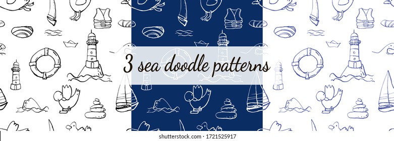 Set of three seamless sea patterns. Isolated and hand drawn marine doodle icon vector illustration. Line art design, summer sail backdrop. Endless texture. Summer, tropical, vacation. Wallpaper. 