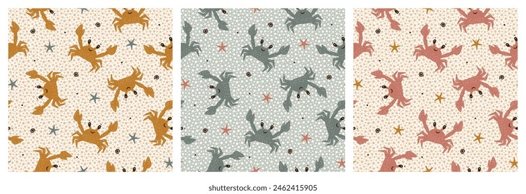 Set of Three Seamless Summer Patterns with Cute Crabs. Sea Animal Retro Colors Background for Kids. Childish Print Handmade. Hand drawing. Not AI. Vector illustration.