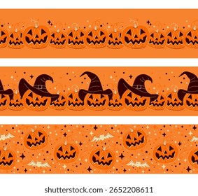 Conjunto de três bordas de vetor sem costura para Halloween. Padrões repetitivos de jack-o-lanternas, abóboras em chapéus de bruxas e morcegos assustadores. Divisores de cor laranja divertidos para web festiva ou impressão.